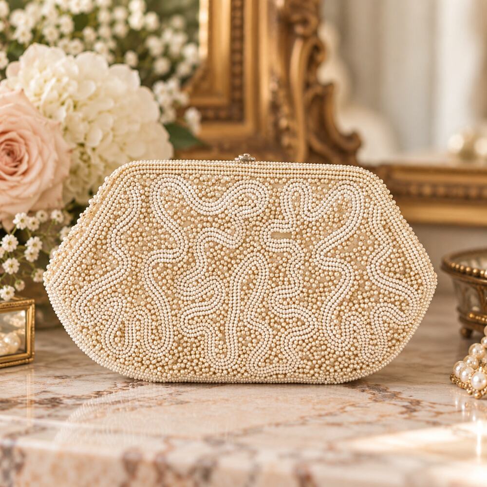 Magid Ivory Beaded Clutch Purse Evening Bag Bridal Wedding Formal Vintage